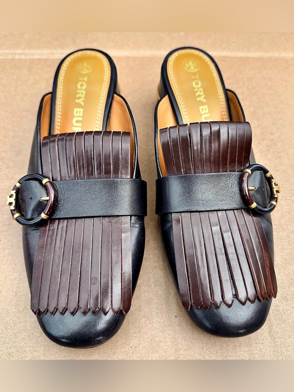 Tory Burch Multi-Logo Kiltie Mule Black & Brown US 8 M